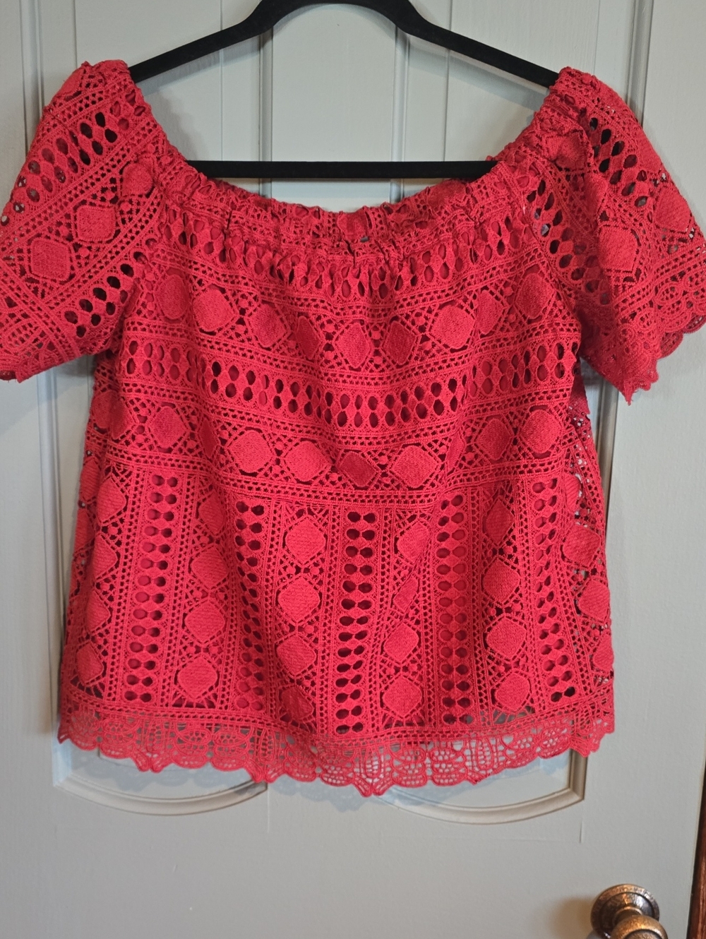 "Sunday in Brooklyn" Burnt RED Crochet Off-Shoulder Top. Size S